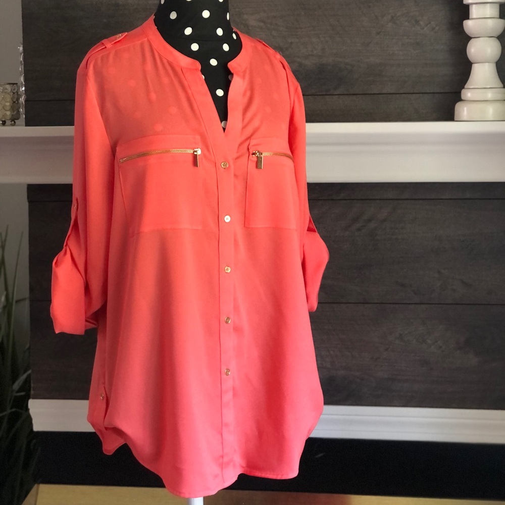 Calvin Klein Coral Blouse w/Gold Buttons/Zippers